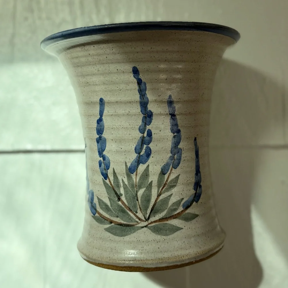 Handcrafted Vintage Ceramic Wall Vase with Blue Floral Design Studio pottery